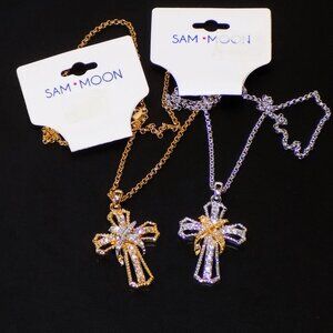 Lot of 2 New Vintage Sam Moon Crystal Cross Silver & Gold Pendant Necklaces